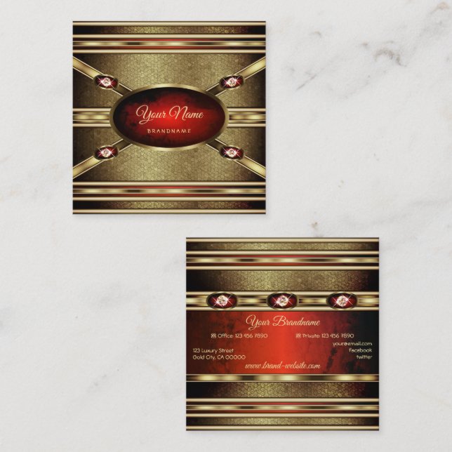 Luxurious Gold Effects Red Marble Faux Rhinestones Square Business Card (Front/Back)