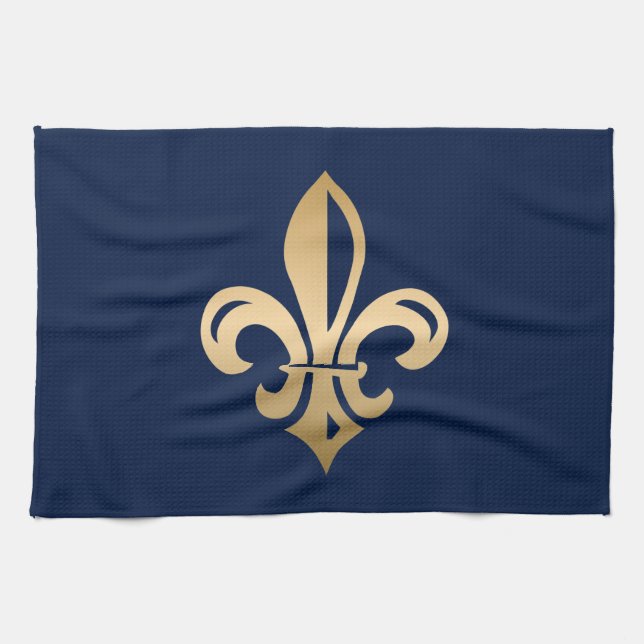 Luxurious Gold Fleur de Lis Navy Tea Towel (Horizontal)