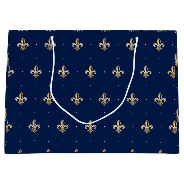 Luxurious Gold Fleur de Lis Pattern Navy Large Gift Bag (Front)