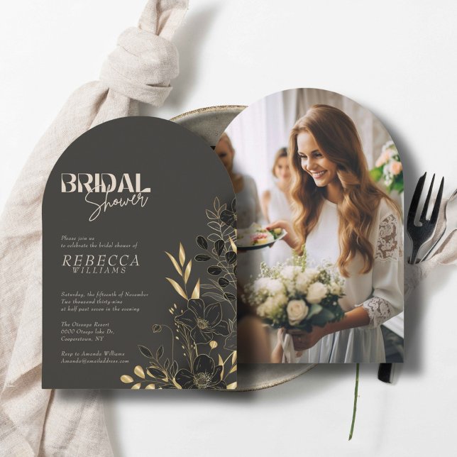 Luxurious Gold Floral 1 Photo Arch Bridal Shower Invitation (Creator Uploaded)