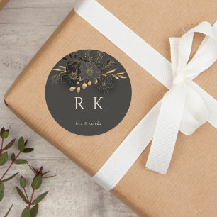 Luxurious Gold Floral Love Thanks Monogram Wedding Classic Round Sticker