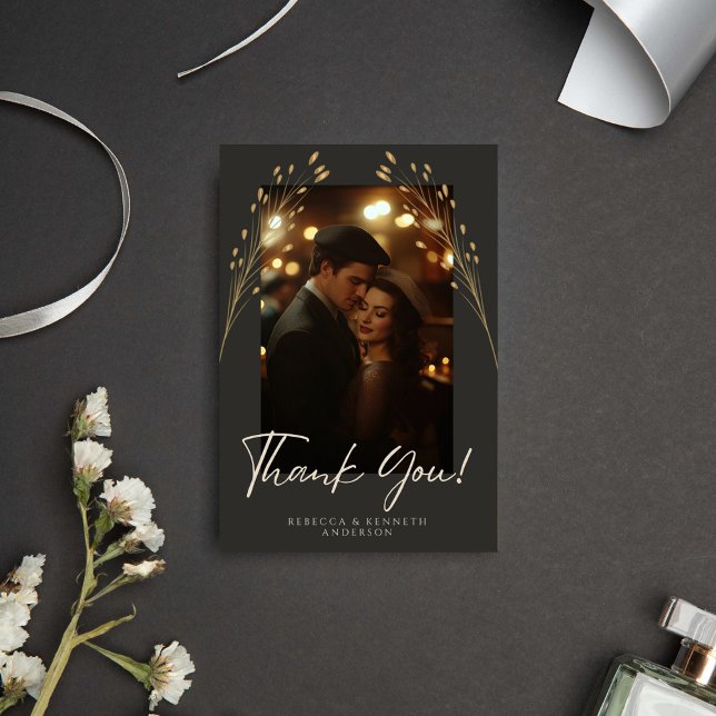Luxurious Gold Floral Minimalist Photo Thank You Card (Creator Uploaded)