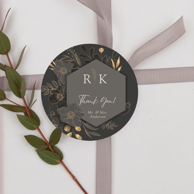 Luxurious Gold Floral Monogram Wedding Thank you Classic Round Sticker (Creator Uploaded)
