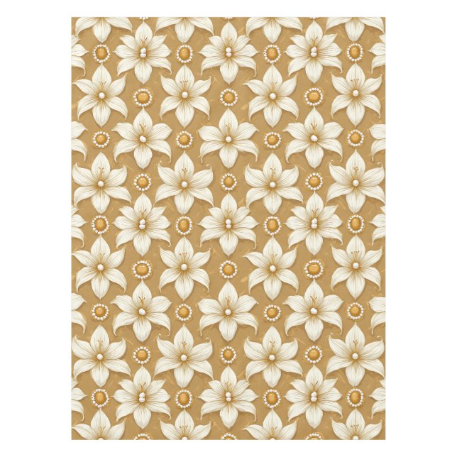 Luxurious Gold Floral Pattern With White Lily Moti Tablecloth (Front)