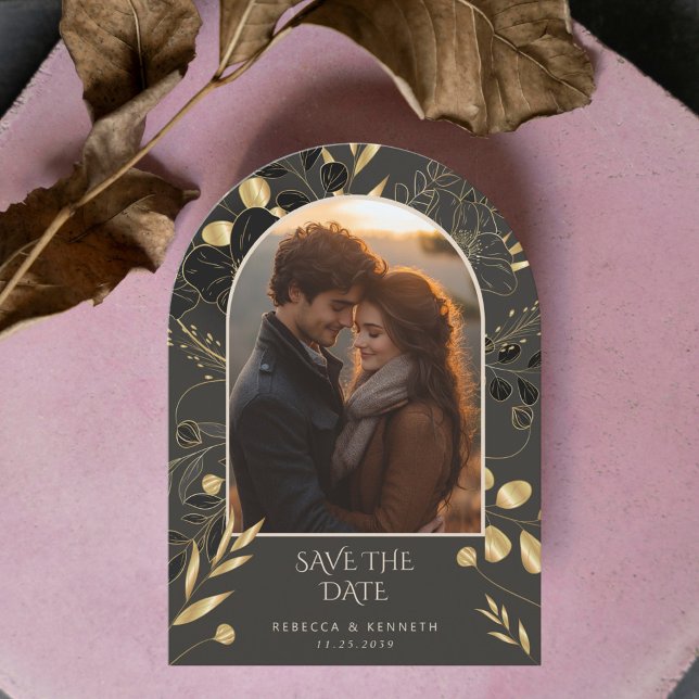 Luxurious Gold Floral Two Arch Photo Save The Date Invitation (Creator Uploaded)