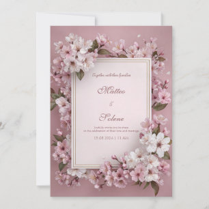 Luxurious Gold Frame Blush Cherry Blossom Wedding Invitation