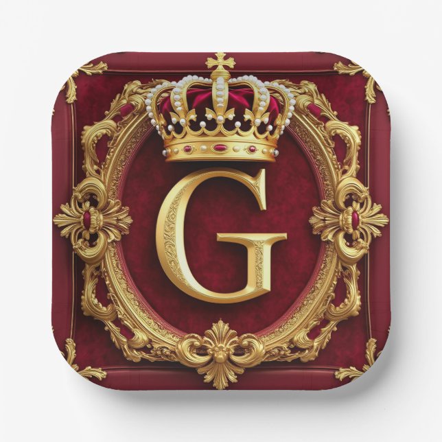 Luxurious Gold Frame With Crowned Monogram Paper Plate (Front)