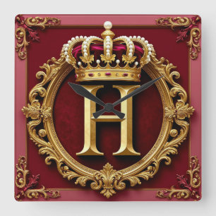 Luxurious Gold Frame With Crowned Monogram Square Wall Clock