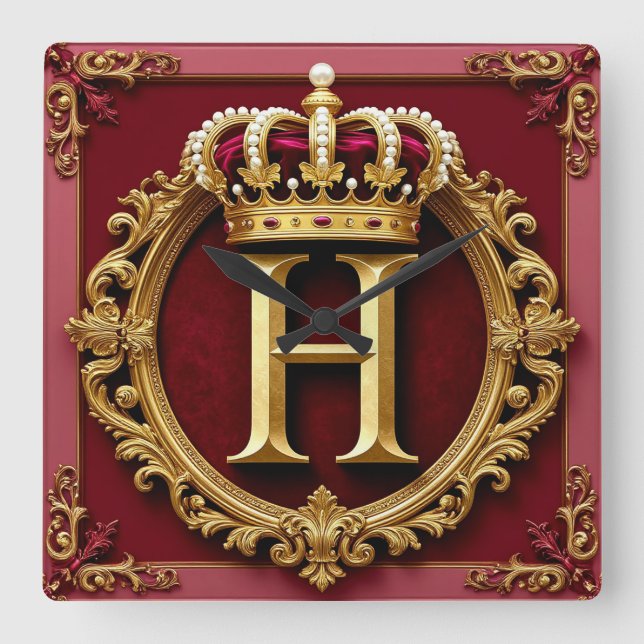 Luxurious Gold Frame With Crowned Monogram Square Wall Clock (Front)