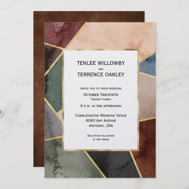Luxurious Gold Geometric Blue Brown Green Invitation (Front/Back)