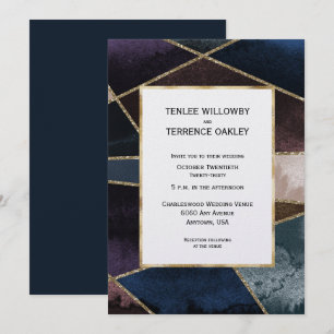 Luxurious Gold Geometric Blue Purple Brown Wedding Invitation