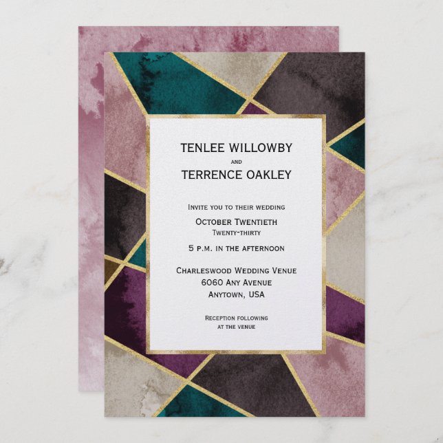 Luxurious Gold Geometric Green Purple Wedding Invitation (Front/Back)