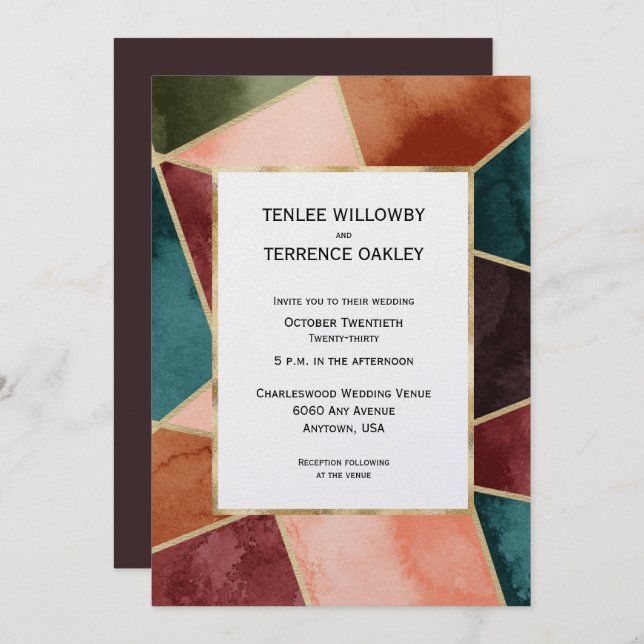 Luxurious Gold Geometric Purple Rust Teal Wedding Invitation (Front/Back)