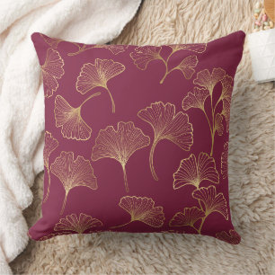 Luxurious Gold Ginkgo Leaves on Deep Burgundy (1) Cushion