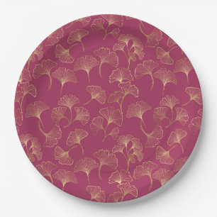 Luxurious Gold Ginkgo Leaves on Deep Burgundy (2) Paper Plate