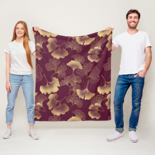 Luxurious Gold Ginkgo Leaves on Deep Burgundy (6) Fleece Blanket
