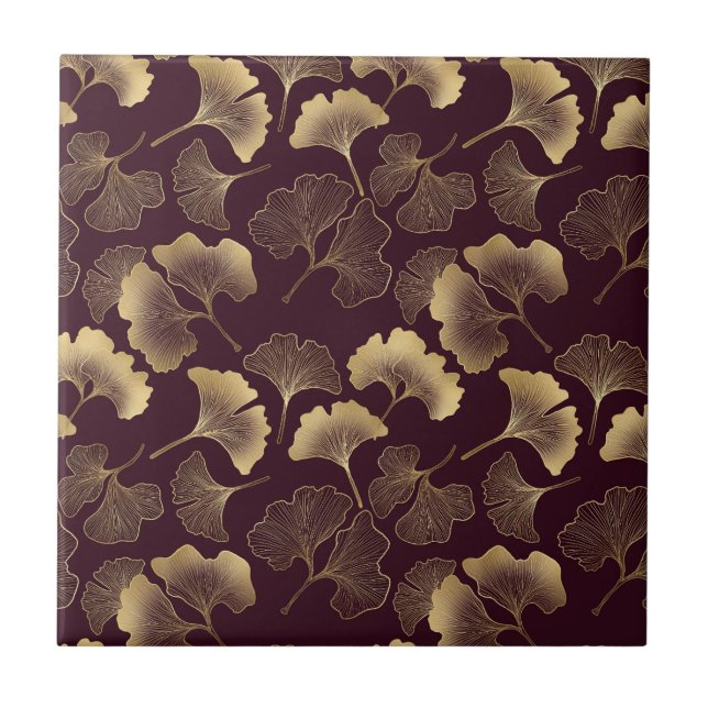 Luxurious Gold Ginkgo Leaves on Deep Burgundy (7) Tile (Front)