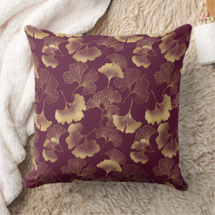 Luxurious Gold Ginkgo Leaves on Deep Burgundy (8) Cushion