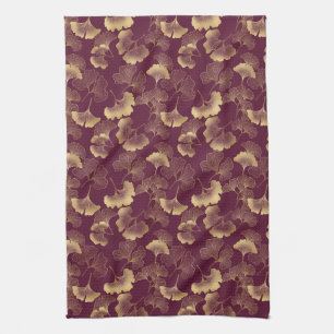 Luxurious Gold Ginkgo Leaves on Deep Burgundy (8) Tea Towel