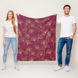 Luxurious Gold Ginkgo Leaves on Deep Burgundy Fleece Blanket