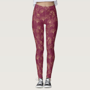Luxurious Gold Ginkgo Leaves on Deep Burgundy Leggings
