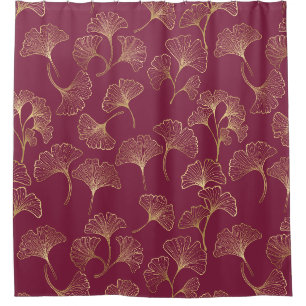 Luxurious Gold Ginkgo Leaves on Deep Burgundy Shower Curtain