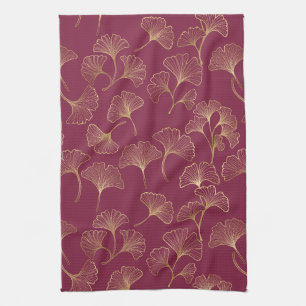 Luxurious Gold Ginkgo Leaves on Deep Burgundy Tea Towel
