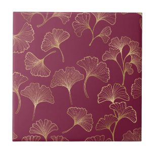 Luxurious Gold Ginkgo Leaves on Deep Burgundy Tile