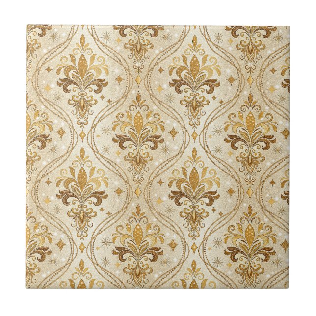 Luxurious Gold Glitter Damask Royal Palace Pattern Tile (Front)