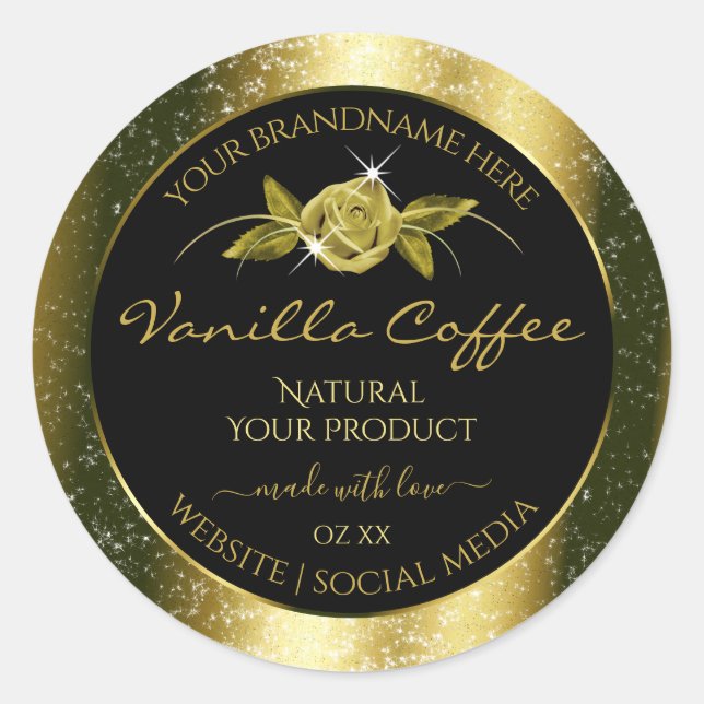 Luxurious Gold Glitter Floral Black Product Labels (Front)