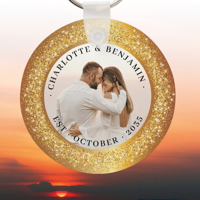 Luxurious Gold Glitter Frame Couple Photo Wedding Key Ring (Creator Uploaded)
