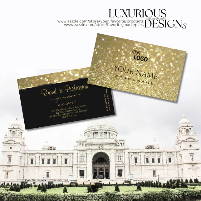 Luxurious Gold Glitter Luminous Stars add Logo Business Card | Zazzle