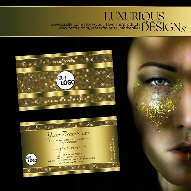 Luxurious Gold Glitter Luminous Stars add Logo Business Card (Creator Uploaded)