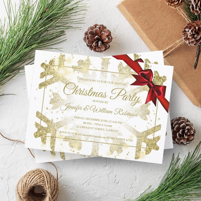 Luxurious Gold Glitter Xmas Holiday Red Ribbon Invitation (Luxurious Gold Glitter Xmas Holiday Red Ribbon Invitation)
