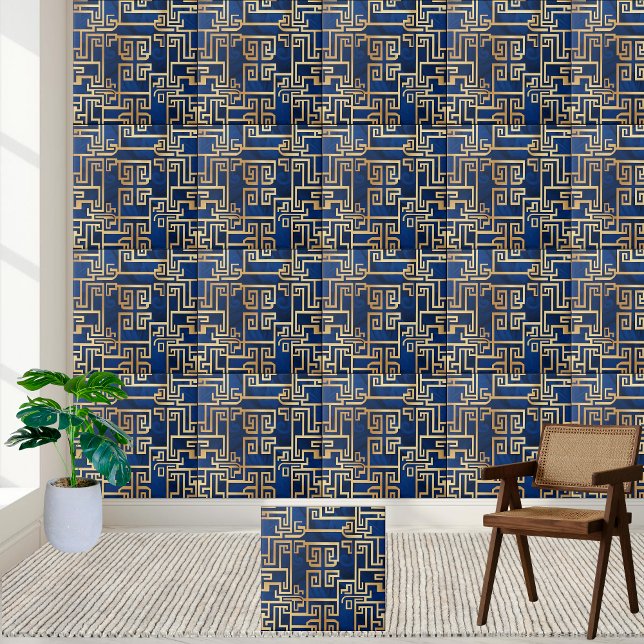  Luxurious Gold Greek Key Pattern on Deep Blue  Tile (Luxurious Gold Greek Key Pattern on Deep Blue Ceramic Tile)