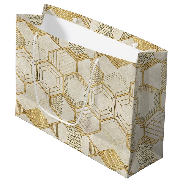 Luxurious Gold Hexagon Pattern - Marble Texture 2 Large Gift Bag (Front Angled)