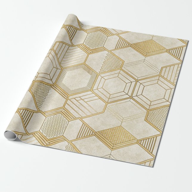 Luxurious Gold Hexagon Pattern - Marble Texture 2 Wrapping Paper (Unrolled)