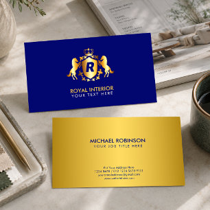 Luxurious Gold Horses Royal Emblem Initial Blue Business Card