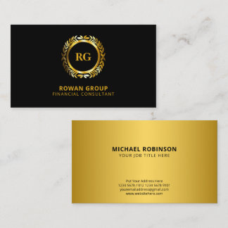 Luxurious Gold Laurel Leaves Crest on Black Business Card