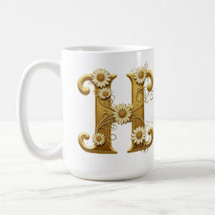 Luxurious Gold Letter H with Floral Daisies Design Coffee Mug