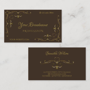 Luxurious Gold Ornate Corner Borders Dark Brown Business Card