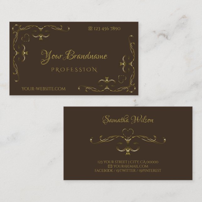 Luxurious Gold Ornate Corner Borders Dark Brown Business Card (Front/Back)