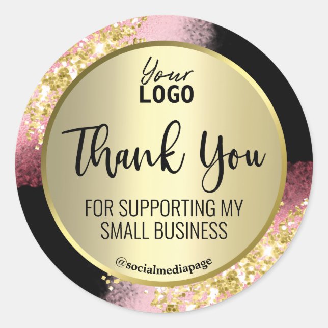 Luxurious Gold Pink Glitter Thank You Logo Classic Round Sticker (Front)