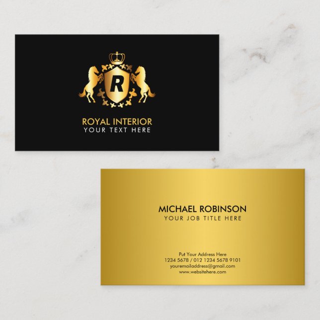 Luxurious Gold Royal Emblem | Initial on Black Business Card (Front/Back)