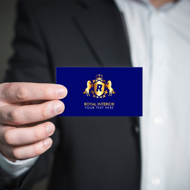 Luxurious Gold Royal Emblem | Initial on Blue Business Card (Creator Uploaded)