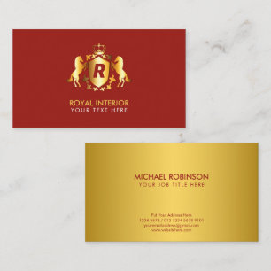Luxurious Gold Royal Emblem Initial on Red Business Card