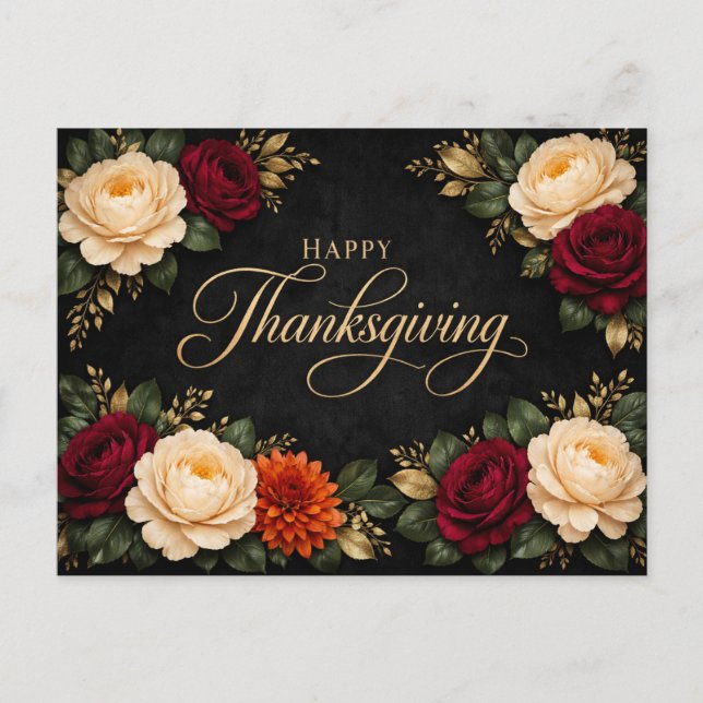 Luxurious Gold Script Thanksgiving Floral Design Holiday Postcard (Front)