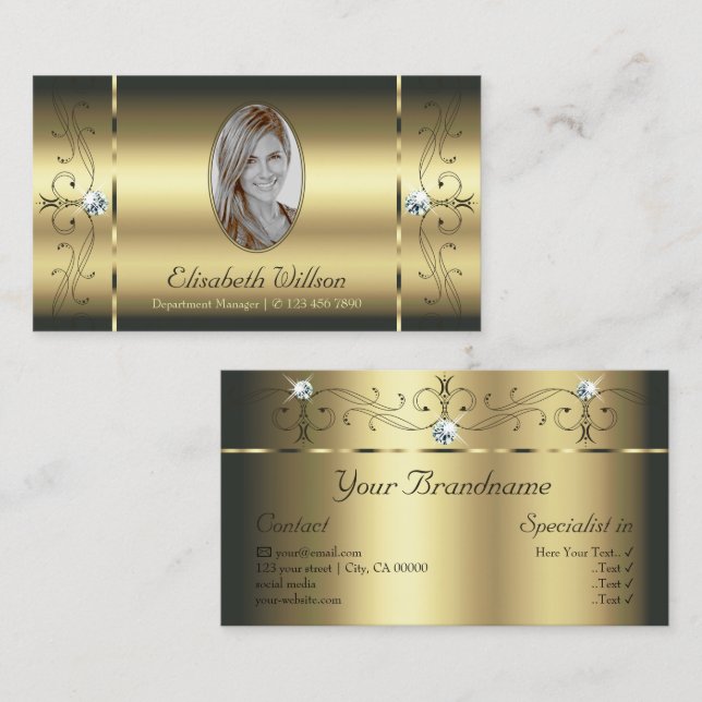 Luxurious Gold Squiggled Jewels Add Foto Glamourou Business Card (Front/Back)