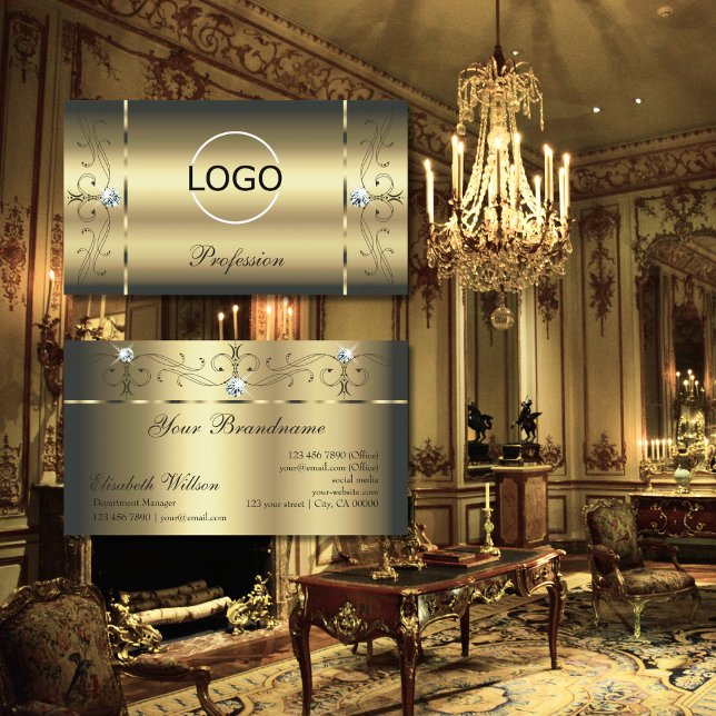 Luxurious Gold Squiggled Jewels Add Logo Glamourou Business Card (Creator Uploaded)