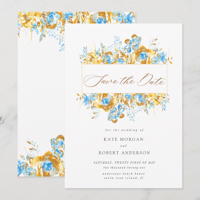 luxurious gold turquoise floral save the date card (Front/Back)